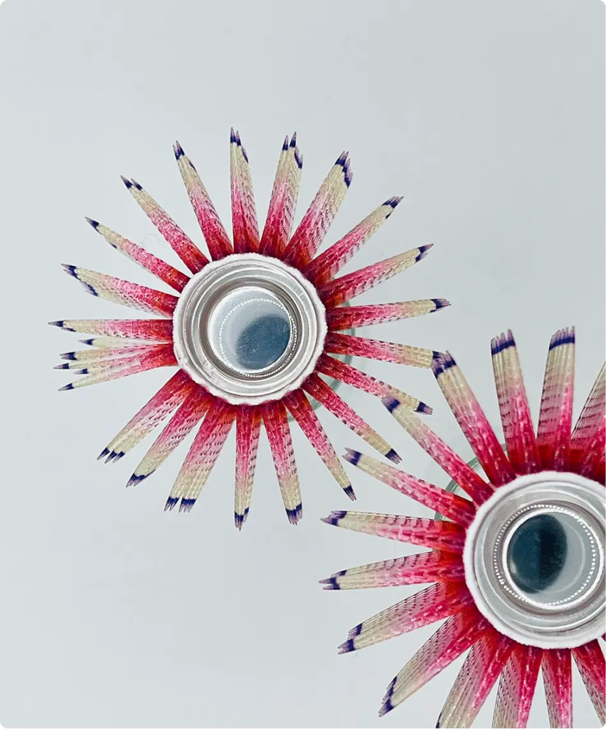 Crayons de couleur roses disposés en corolle autour de deux flacons, vus du dessus — Maison Satab